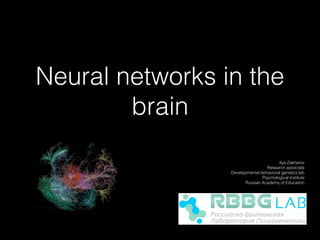 Neural networks in the
brain
Ilya Zakharov
Research associate
Developmental behavioral genetics lab
Psychological Institute
Russian Academy of Education
 