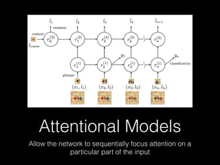 Attentional Models
Allow the network to sequentially focus attention on a
particular part of the input
 