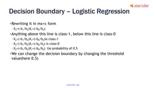 Decision Boundary – Logistic Regression
•Rewriting it in mx+c form
• X2=(-b1/b2)X1+(-b0/b2)
•Anything above this line is class-1, below this line is class-0
• X2>(-b1/b2)X1+(-b0/b2)is class-1
• X2<(-b1/b2)X1+(-b0/b2) is class-0
• X2=(-b1/b2)X1+(-b0/b2) tie probability of 0.5
•We can change the decision boundary by changing the threshold
value(here 0.5)
11
statinfer.com
 
