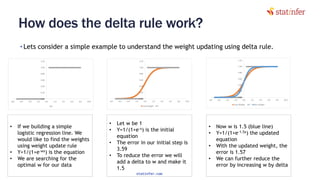 How does the delta rule work?
• Lets consider a simple example to understand the weight updating using delta rule.
138
• If we building a simple
logistic regression line. We
would like to find the weights
using weight update rule
• Y=1/(1+e-wx) is the equation
• We are searching for the
optimal w for our data
• Let w be 1
• Y=1/(1+e-x) is the initial
equation
• The error in our initial step is
3.59
• To reduce the error we will
add a delta to w and make it
1.5
• Now w is 1.5 (blue line)
• Y=1/(1+e-1.5x) the updated
equation
• With the updated weight, the
error is 1.57
• We can further reduce the
error by increasing w by delta
statinfer.com
 