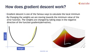 How does gradient descent work?
•Gradient descent is one of the famous ways to calculate the local minimum
•By Changing the weights we are moving towards the minimum value of the
error function. The weights are changed by taking steps in the negative
direction of the function gradient(derivative).
141
Error
Weight
statinfer.com
 