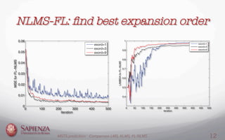 NLMS-FL: ﬁnd best expansion order
0 100 200 300 400 500
0
0.01
0.02
0.03
0.04
0.05
0.06
iteration
MSEforFL−NLMS
exord=1
exord=3
exord=9
0 50 100 150 200 250 300 350 400 450 500
0.4
0.5
0.6
0.7
0.8
0.9
1
iteration
LAMBDAforFL−NLMS
exord=1
exord=3
exord=9
MGTS prediction: Comparison LMS, KLMS, FL-NLMS 12
 