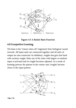 Page | 35
Figure 4.5 A Radial Basis Function
4.6 Competitive Learning
The basis is the “winner takes all” originated from biological neural
network. All input units are connected together and all units of
output are also connected via inhibitory weights but gets feed back
with excitory weight. Only one of the units with largest or smallest
input is activated and its weight becomes adjusted. As a result of
learning process the pattern in the winner unit (weight) become
closer to the input pattern.
 