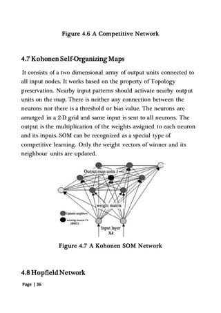 Page | 36
Figure 4.6 A Competitive Network
4.7 Kohonen Self-Organizing Maps
It consists of a two dimensional array of output units connected to
all input nodes. It works based on the property of Topology
preservation. Nearby input patterns should activate nearby output
units on the map. There is neither any connection between the
neurons nor there is a threshold or bias value. The neurons are
arranged in a 2-D grid and same input is sent to all neurons. The
output is the multiplication of the weights assigned to each neuron
and its inputs. SOM can be recognized as a special type of
competitive learning. Only the weight vectors of winner and its
neighbour units are updated.
Figure 4.7 A Kohonen SOM Network
4.8 Hopfield Network
 
