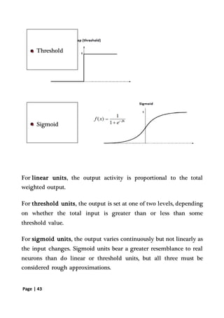 Page | 43
For linear units, the output activity is proportional to the total
weighted output.
For threshold units, the output is set at one of two levels, depending
on whether the total input is greater than or less than some
threshold value.
For sigmoid units, the output varies continuously but not linearly as
the input changes. Sigmoid units bear a greater resemblance to real
neurons than do linear or threshold units, but all three must be
considered rough approximations.
Threshold
Sigmoid
 