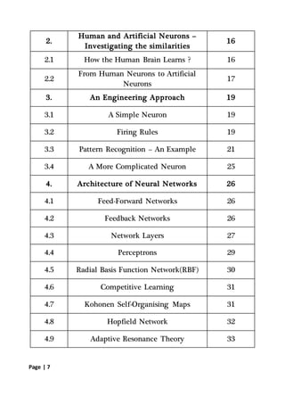 Page | 7
2.
Human and Artificial Neurons –
Investigating the similarities
16
2.1 How the Human Brain Learns ? 16
2.2
From Human Neurons to Artificial
Neurons
17
3. An Engineering Approach 19
3.1 A Simple Neuron 19
3.2 Firing Rules 19
3.3 Pattern Recognition – An Example 21
3.4 A More Complicated Neuron 25
4. Architecture of Neural Networks 26
4.1 Feed-Forward Networks 26
4.2 Feedback Networks 26
4.3 Network Layers 27
4.4 Perceptrons 29
4.5 Radial Basis Function Network(RBF) 30
4.6 Competitive Learning 31
4.7 Kohonen Self-Organising Maps 31
4.8 Hopfield Network 32
4.9 Adaptive Resonance Theory 33
 