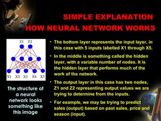 SIMPLE EXPLANATION  HOW NEURAL NETWORK WORKS The bottom layer represents the input layer, in this case with 5 inputs labelled X1 through X5.  In the middle is something called the hidden layer, with a variable number of nodes. It is the hidden layer that performs much of the work of the network.  The output layer in this case has two nodes, Z1 and Z2 representing output values we are trying to determine from the inputs.  For example, we may be trying to predict sales (output) based on past sales, price and season (input). The structure of a neural network looks something like th is image 