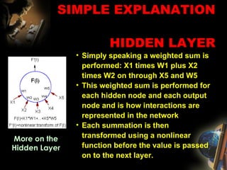 SIMPLE EXPLANATION  HIDDEN LAYER   Simply speaking a weighted sum is performed: X1 times W1 plus X2 times W2 on through X5 and W5 This weighted sum is performed for each hidden node and each output node and is how interactions are represented in the network Each summation is then transformed using a nonlinear function before the value is passed on to the next layer. More on the Hidden Layer 
