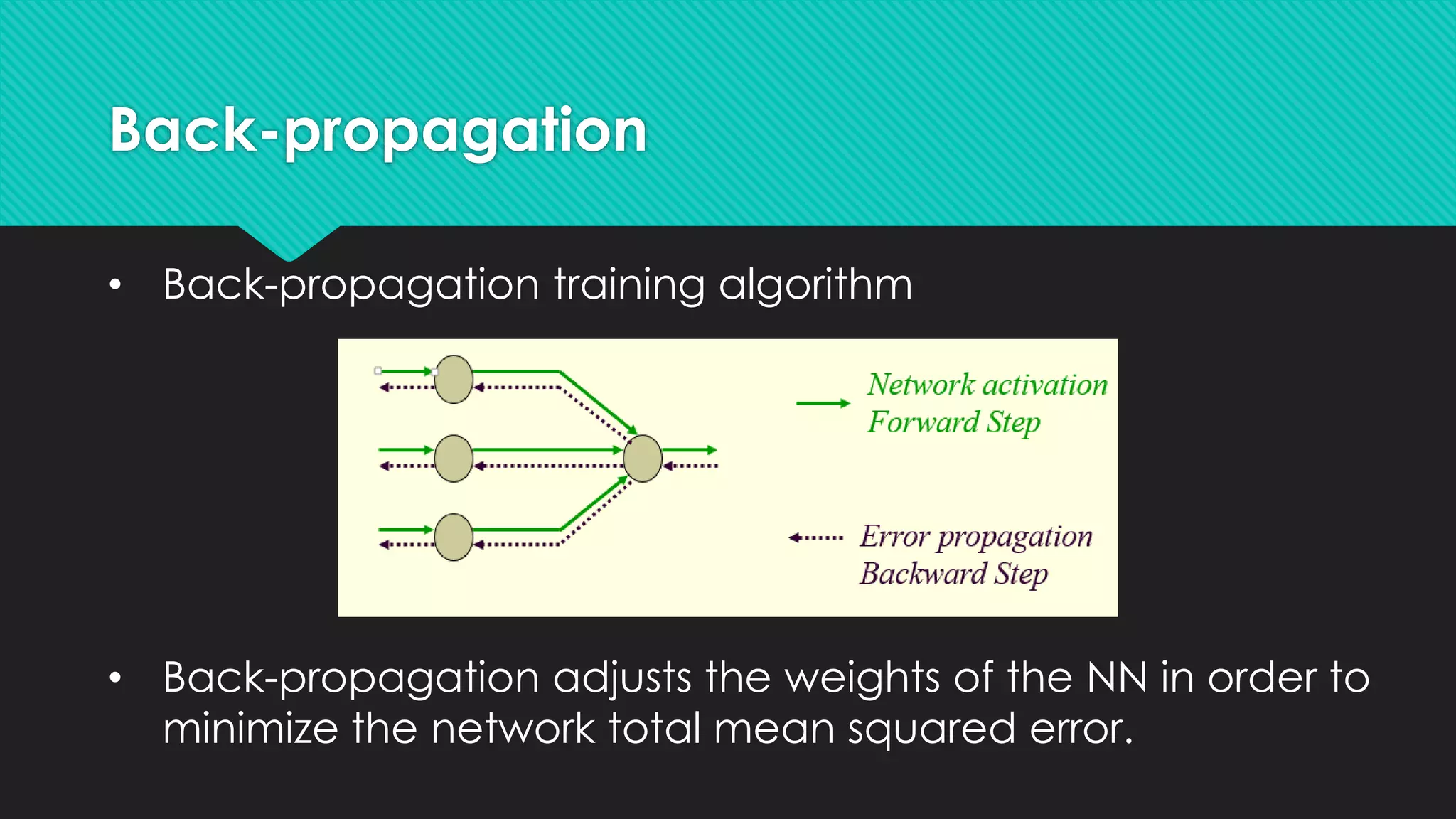 Back-propagation
• Back-propagation training algorithm
• Back-propagation adjusts the weights of the NN in order to
minimize the network total mean squared error.
 
