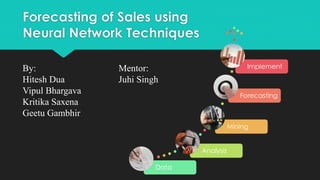 Forecasting of Sales using
Neural Network Techniques
Data
Analysis
Mining
Forecasting
ImplementBy: Mentor:
Hitesh Dua Juhi Singh
Vipul Bhargava
Kritika Saxena
Geetu Gambhir
 