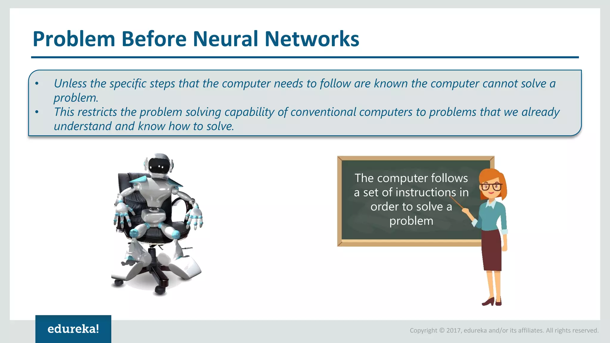 Copyright © 2017, edureka and/or its affiliates. All rights reserved. Problem Before Neural Networks • Unless the specific steps that the computer needs to follow are known the computer cannot solve a problem. • This restricts the problem solving capability of conventional computers to problems that we already understand and know how to solve. The computer follows a set of instructions in order to solve a problem 