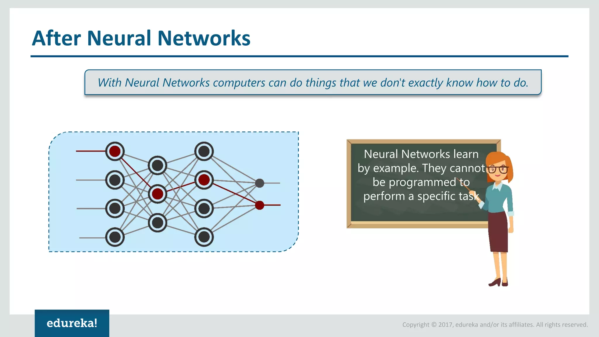 Copyright © 2017, edureka and/or its affiliates. All rights reserved. After Neural Networks With Neural Networks computers can do things that we don't exactly know how to do. Neural Networks learn by example. They cannot be programmed to perform a specific task 