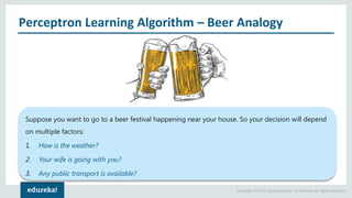 Copyright © 2017, edureka and/or its affiliates. All rights reserved.
Perceptron Learning Algorithm – Beer Analogy
Suppose you want to go to a beer festival happening near your house. So your decision will depend
on multiple factors:
1. How is the weather?
2. Your wife is going with you?
3. Any public transport is available?
 