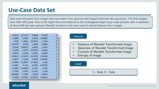 Copyright © 2017, edureka and/or its affiliates. All rights reserved.
Use-Case Data Set
Data were extracted from images that were taken from genuine and forged banknote-like specimens. The final images
have 400x 400 pixels. Due to the object lens and distance to the investigated object gray-scale pictures with a resolution
of about 660 dpi were gained. Wavelet Transform tool were used to extract features from images.
• Variance of Wavelet Transformed image
• Skewness of Wavelet Transformed image
• Curtosis of Wavelet Transformed image
• Entropy of image
Features
1 – Real, 0 - Fake
Label
 