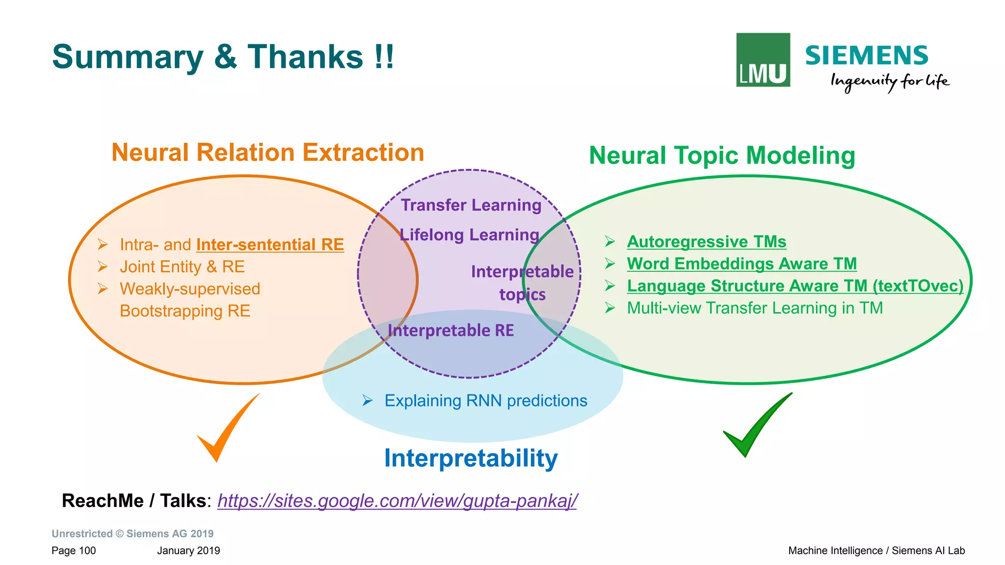 Unrestricted © Siemens AG 2019
January 2019Page 100 Machine Intelligence / Siemens AI Lab
Summary & Thanks !!
Neural Topic ModelingNeural Relation Extraction
Interpretability
➢ Intra- and Inter-sentential RE
➢ Joint Entity & RE
➢ Weakly-supervised
Bootstrapping RE
➢ Autoregressive TMs
➢ Word Embeddings Aware TM
➢ Language Structure Aware TM (textTOvec)
➢ Multi-view Transfer Learning in TM
Interpretable RE
Interpretable
topics
Transfer Learning
Lifelong Learning
➢ Explaining RNN predictions
ReachMe / Talks: https://sites.google.com/view/gupta-pankaj/
 