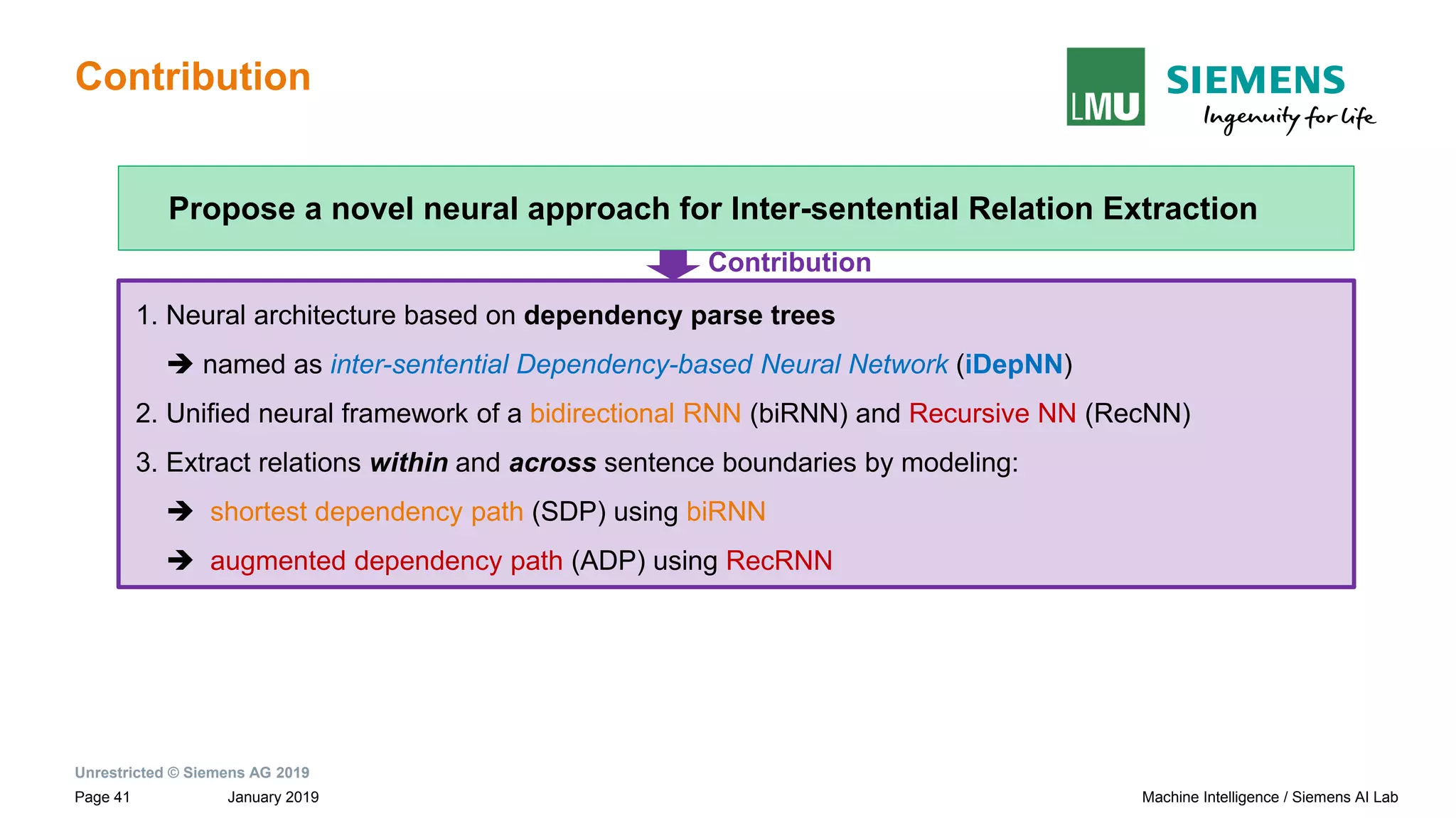 Unrestricted © Siemens AG 2019
January 2019Page 41 Machine Intelligence / Siemens AI Lab
Contribution
1. Neural architecture based on dependency parse trees
➔ named as inter-sentential Dependency-based Neural Network (iDepNN)
2. Unified neural framework of a bidirectional RNN (biRNN) and Recursive NN (RecNN)
3. Extract relations within and across sentence boundaries by modeling:
➔ shortest dependency path (SDP) using biRNN
➔ augmented dependency path (ADP) using RecRNN
Propose a novel neural approach for Inter-sentential Relation Extraction
Contribution
 