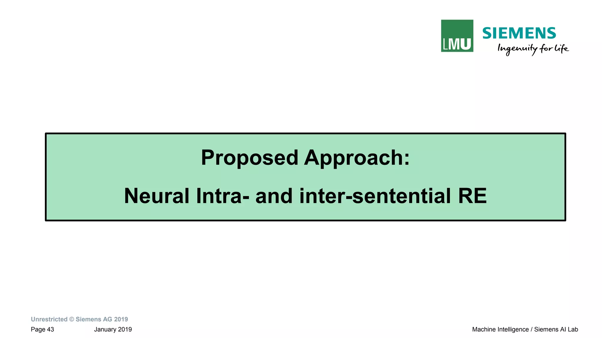 Unrestricted © Siemens AG 2019
January 2019Page 43 Machine Intelligence / Siemens AI Lab
Proposed Approach:
Neural Intra- and inter-sentential RE
 
