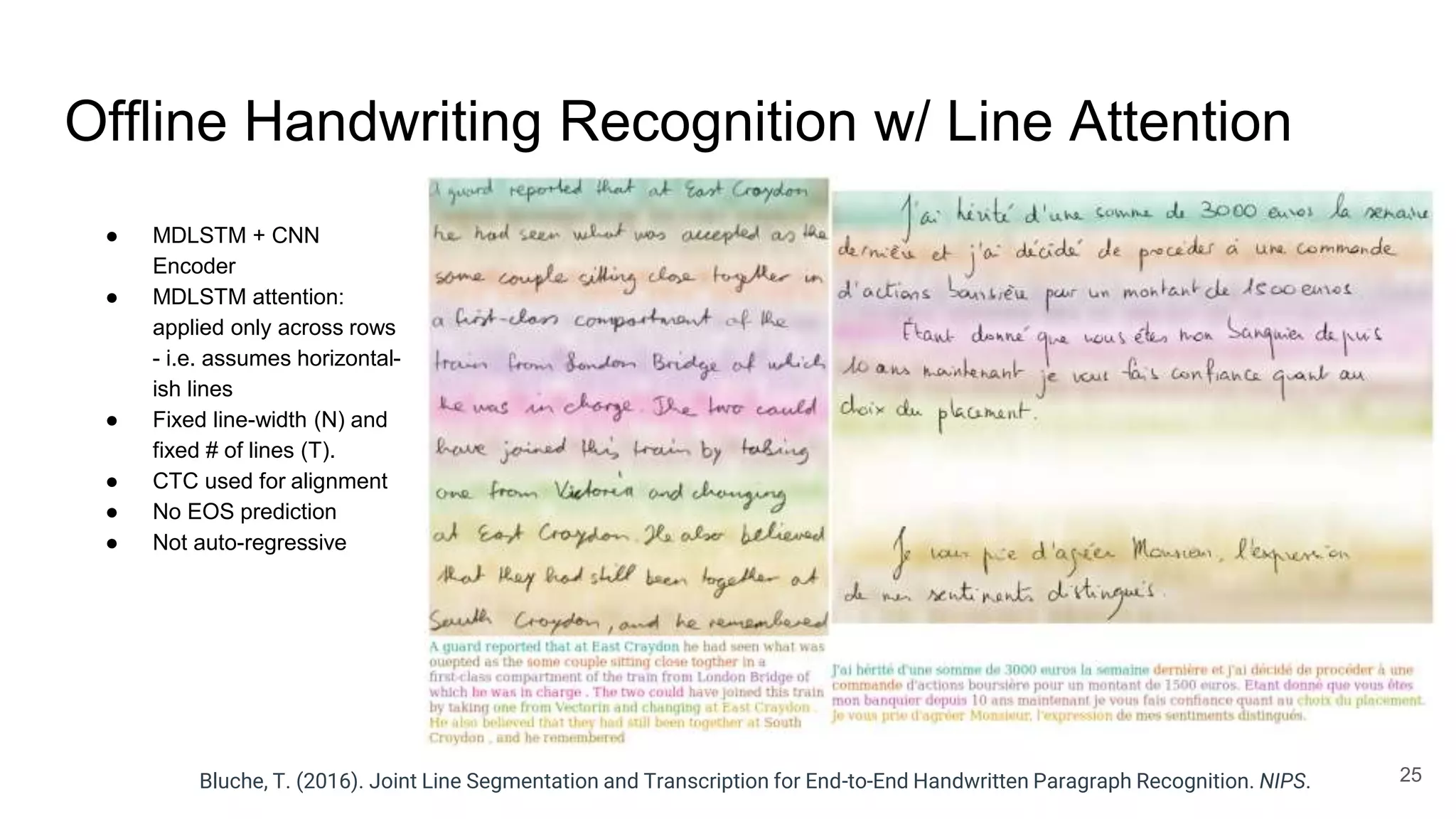 Offline Handwriting Recognition w/ Line Attention
Bluche, T. (2016). Joint Line Segmentation and Transcription for End-to-End Handwritten Paragraph Recognition. NIPS. 25
● MDLSTM + CNN
Encoder
● MDLSTM attention:
applied only across rows
- i.e. assumes horizontal-
ish lines
● Fixed line-width (N) and
fixed # of lines (T).
● CTC used for alignment
● No EOS prediction
● Not auto-regressive
 