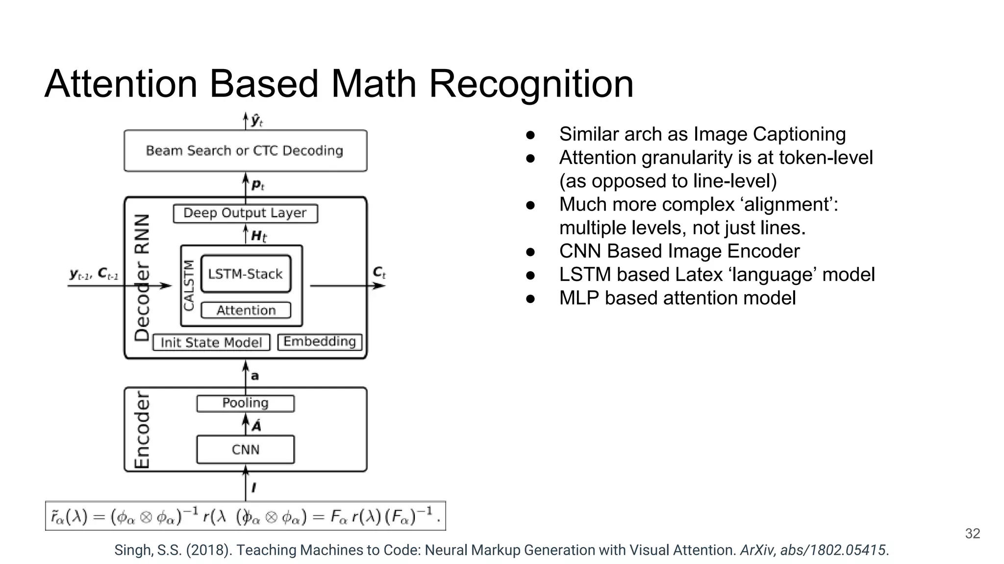 Attention Based Math Recognition
32
● Similar arch as Image Captioning
● Attention granularity is at token-level
(as opposed to line-level)
● Much more complex ‘alignment’:
multiple levels, not just lines.
● CNN Based Image Encoder
● LSTM based Latex ‘language’ model
● MLP based attention model
Singh, S.S. (2018). Teaching Machines to Code: Neural Markup Generation with Visual Attention. ArXiv, abs/1802.05415.
 