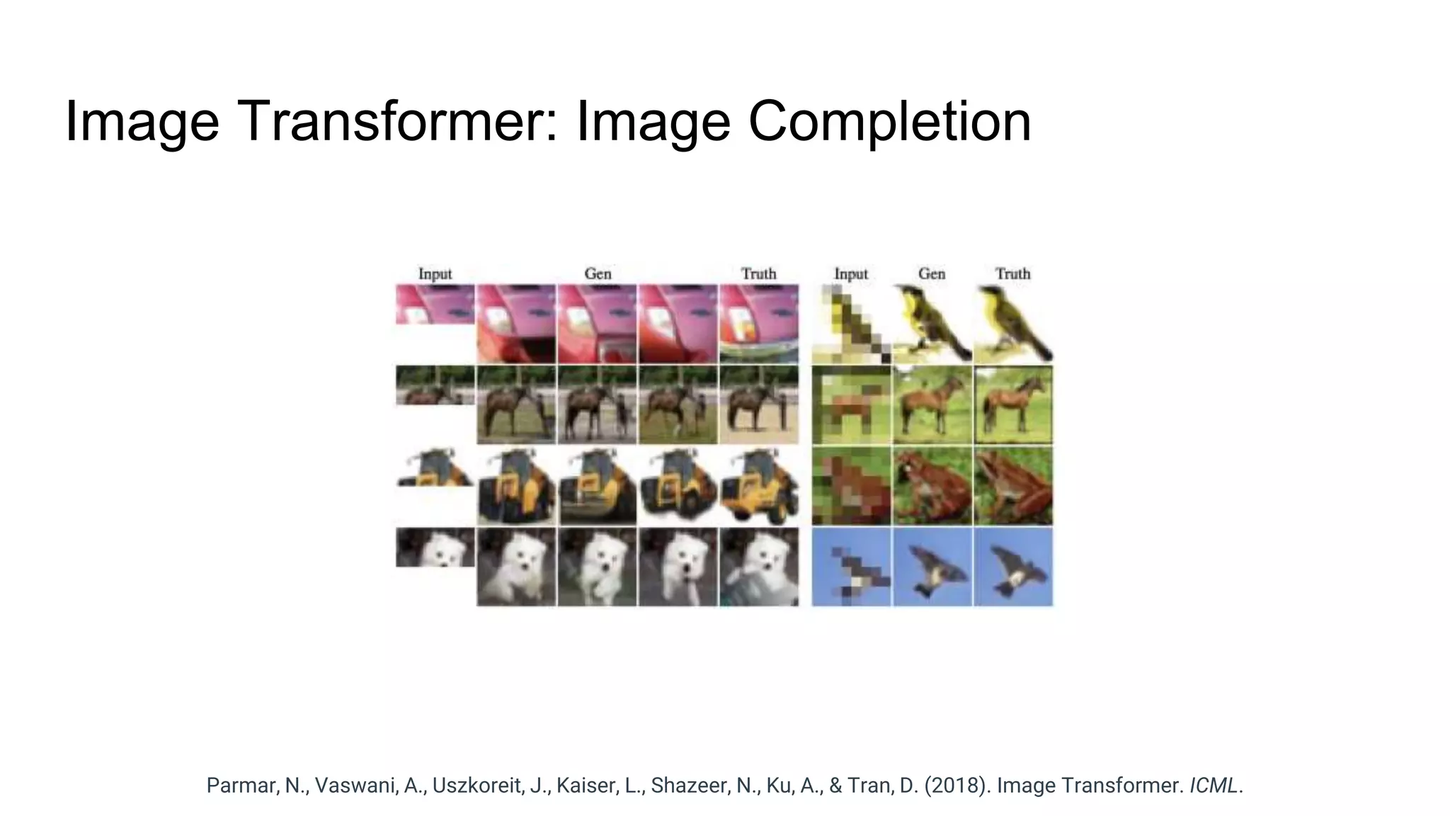 Image Transformer: Image Completion
Parmar, N., Vaswani, A., Uszkoreit, J., Kaiser, L., Shazeer, N., Ku, A., & Tran, D. (2018). Image Transformer. ICML.
 