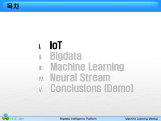 목차 
I. IoT 
II. Bigdata 
III. Machine Learning 
IV. Neural Stream 
V. Conclusions (Demo) 
Bigdata BICube Intelligence Plat...