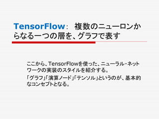 TensorFlow： 複数のニューロンか
らなる一つの層を、グラフで表す
ここから、TensorFlowを使った、ニューラル・ネット
ワークの実装のスタイルを紹介する。
「グラフ」「演算ノード」「テンソル」というのが、基本的
なコンセプトとなる。
 