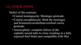 CLASSIFICATION
Defect of the cranium:
•Cranial meningocele: Meninges protrude.
•Cranial encephalocele: Both the meninges
and brainstem/cerebellum/cerebral cortex
protrude.
•Anencephaly: complete failure of the
cephalic neural tube to close resulting in a fully
exposed fetal brain (not compatible with life)
 