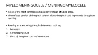 MYELOMENINGOCELE / MENINGOMYELOCELE
• Is one of the most common and most severe form of Spina bifida.
• The unfused portion of the spinal column allows the spinal cord to protrude through an
opening
• Forming a sac enclosing the spinal elements, such as;
1. Meninges
2. Cerebrospinal fluid
3. Parts of the spinal cord and nerve roots
 