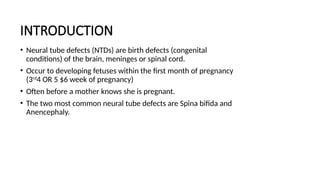 INTRODUCTION
• Neural tube defects (NTDs) are birth defects (congenital
conditions) of the brain, meninges or spinal cord.
• Occur to developing fetuses within the first month of pregnancy
(3rd
4 OR 5 $6 week of pregnancy)
• Often before a mother knows she is pregnant.
• The two most common neural tube defects are Spina bifida and
Anencephaly.
 