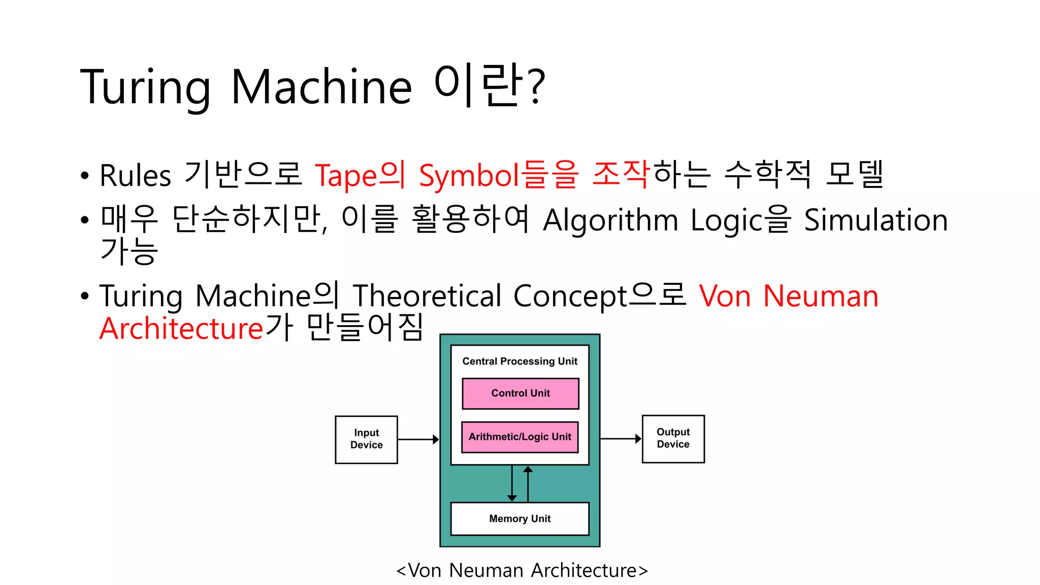 Turing Machine 이란?
• Rules 기반으로 Tape의 Symbol들을 조작하는 수학적 모델
• 매우 단순하지만, 이를 활용하여 Algorithm Logic을 Simulation
가능
• Turing Machine의 Theoretical Concept으로 Von Neuman
Architecture가 만들어짐
<Von Neuman Architecture>
 
