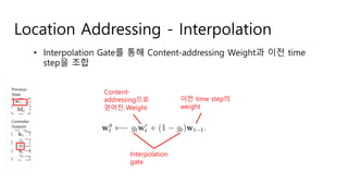Location Addressing - Interpolation
• Interpolation Gate를 통해 Content-addressing Weight과 이전 time
step을 조합
Interpolation
gate
Content-
addressing으로
얻어진 Weight
이전 time step의
weight
 