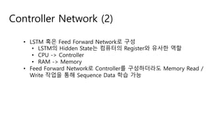 Controller Network (2)
• LSTM 혹은 Feed Forward Network로 구성
• LSTM의 Hidden State는 컴퓨터의 Register와 유사한 역할
• CPU -> Controller
• RAM -> Memory
• Feed Forward Network로 Controller를 구성하더라도 Memory Read /
Write 작업을 통해 Sequence Data 학습 가능
 
