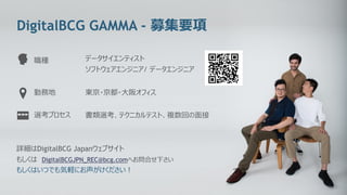 11
DigitalBCG GAMMA - 募集要項
勤務地
選考プロセス 書類選考、テクニカルテスト、複数回の⾯接
東京・京都・⼤阪オフィス
データサイエンティスト
ソフトウェアエンジニア/ データエンジニア
詳細はDigitalBCG Japanウェブサイト
もしくは DigitalBCGJPN_REC@bcg.comへお問合せ下さい
もしくはいつでも気軽にお声がけください︕
職種
 