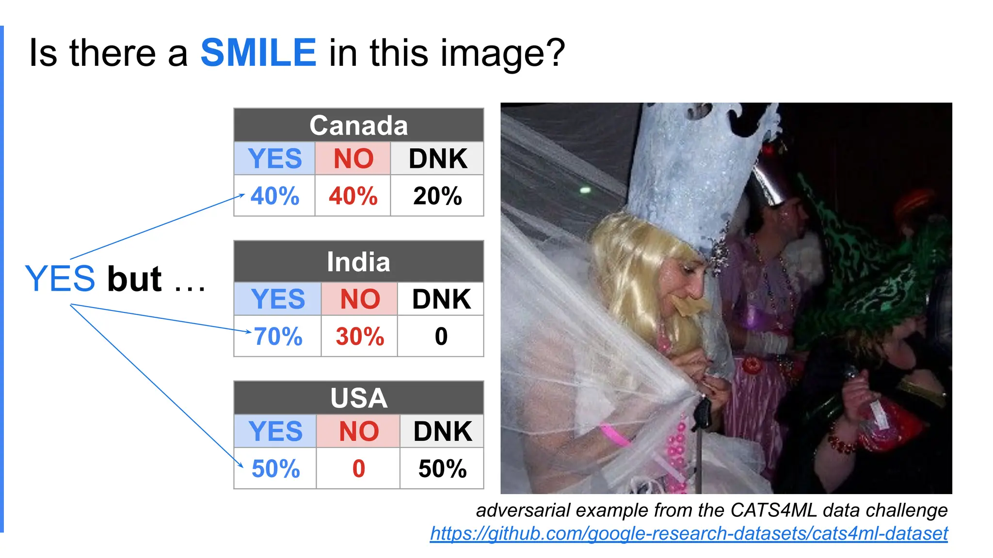 Canada
YES NO DNK
40% 40% 20%
Is there a SMILE in this image?
India
YES NO DNK
70% 30% 0
USA
YES NO DNK
50% 0 50%
YES but …
adversarial example from the CATS4ML data challenge
https://github.com/google-research-datasets/cats4ml-dataset
 