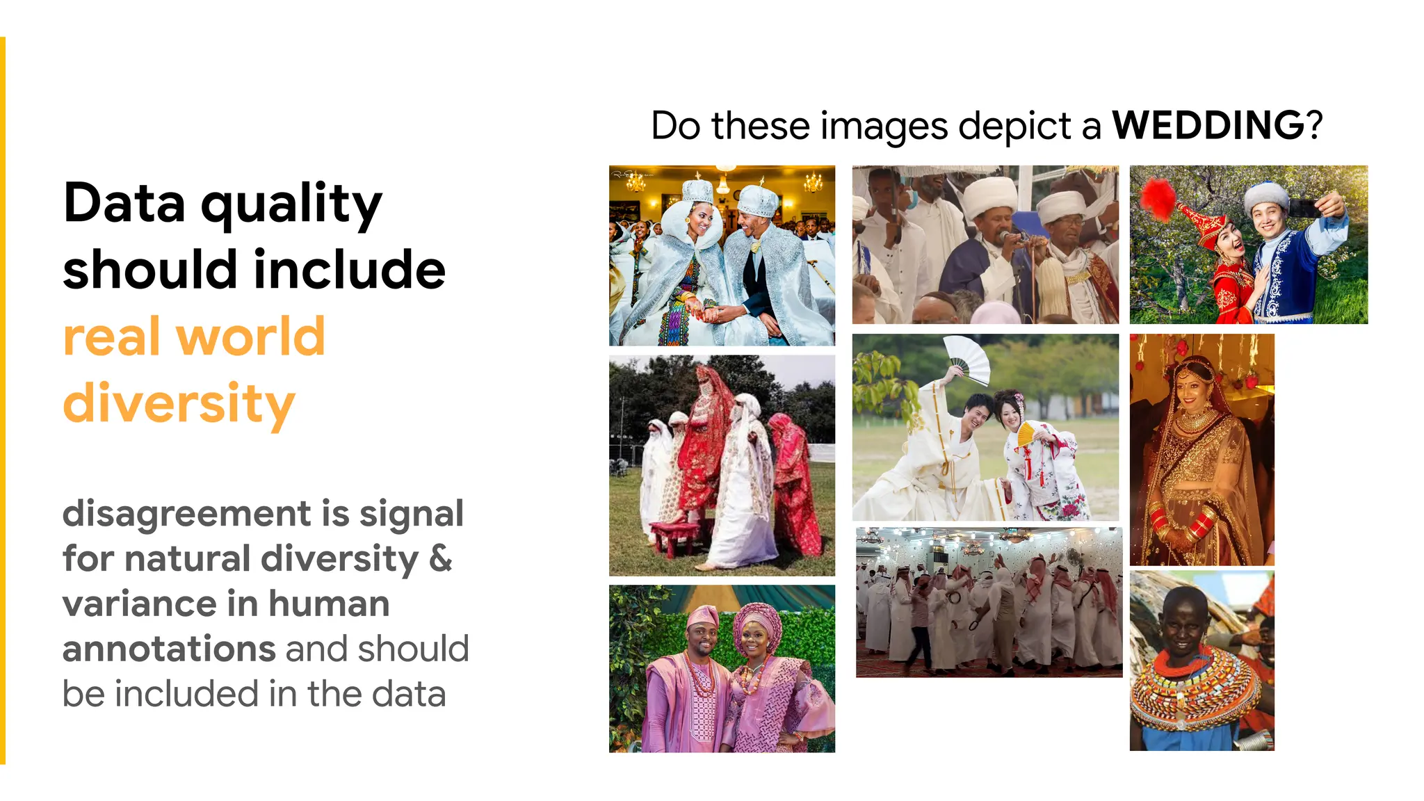Data quality
should include
real world
diversity
Do these images depict a WEDDING?
disagreement is signal
for natural diversity &
variance in human
annotations and should
be included in the data
✓
 