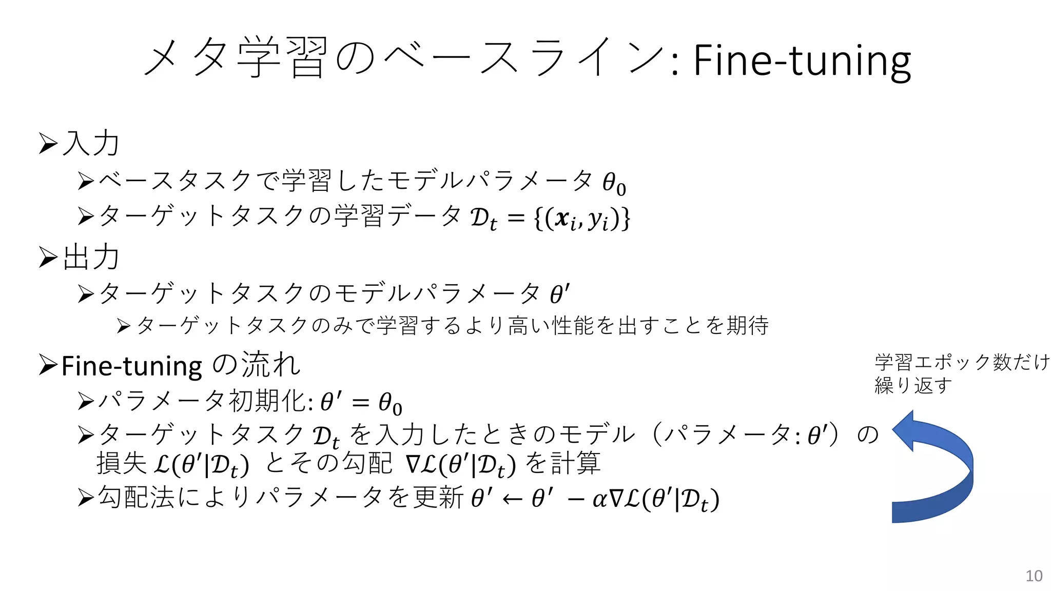 メタ学習のベースライン: Fine-tuning
Ø⼊⼒
Øベースタスクで学習したモデルパラメータ 𝜃!
Øターゲットタスクの学習データ 𝒟" = {(𝒙#, 𝑦#)}
Ø出⼒
Øターゲットタスクのモデルパラメータ 𝜃′
Øターゲットタスクのみで学習するより⾼い性能を出すことを期待
ØFine-tuning の流れ
Øパラメータ初期化: 𝜃$ = 𝜃!
Øターゲットタスク 𝒟" を⼊⼒したときのモデル（パラメータ: 𝜃′）の
損失 ℒ(𝜃′|𝒟") とその勾配 ∇ℒ(𝜃′|𝒟") を計算
Ø勾配法によりパラメータを更新 𝜃$ ← 𝜃$ − 𝛼∇ℒ(𝜃′|𝒟")
10
学習エポック数だけ
繰り返す
 