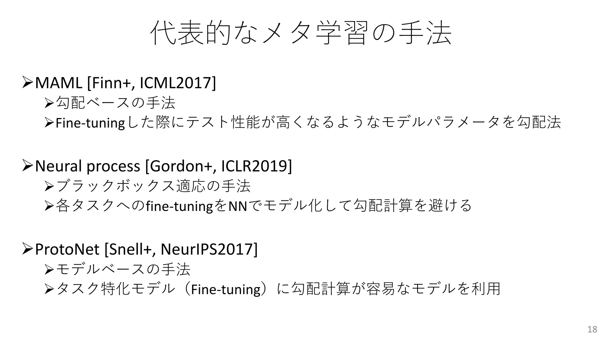 代表的なメタ学習の⼿法
ØMAML [Finn+, ICML2017]
Ø勾配ベースの⼿法
ØFine-tuningした際にテスト性能が⾼くなるようなモデルパラメータを勾配法
ØNeural process [Gordon+, ICLR2019]
Øブラックボックス適応の⼿法
Ø各タスクへのfine-tuningをNNでモデル化して勾配計算を避ける
ØProtoNet [Snell+, NeurIPS2017]
Øモデルベースの⼿法
Øタスク特化モデル（Fine-tuning）に勾配計算が容易なモデルを利⽤
18
 