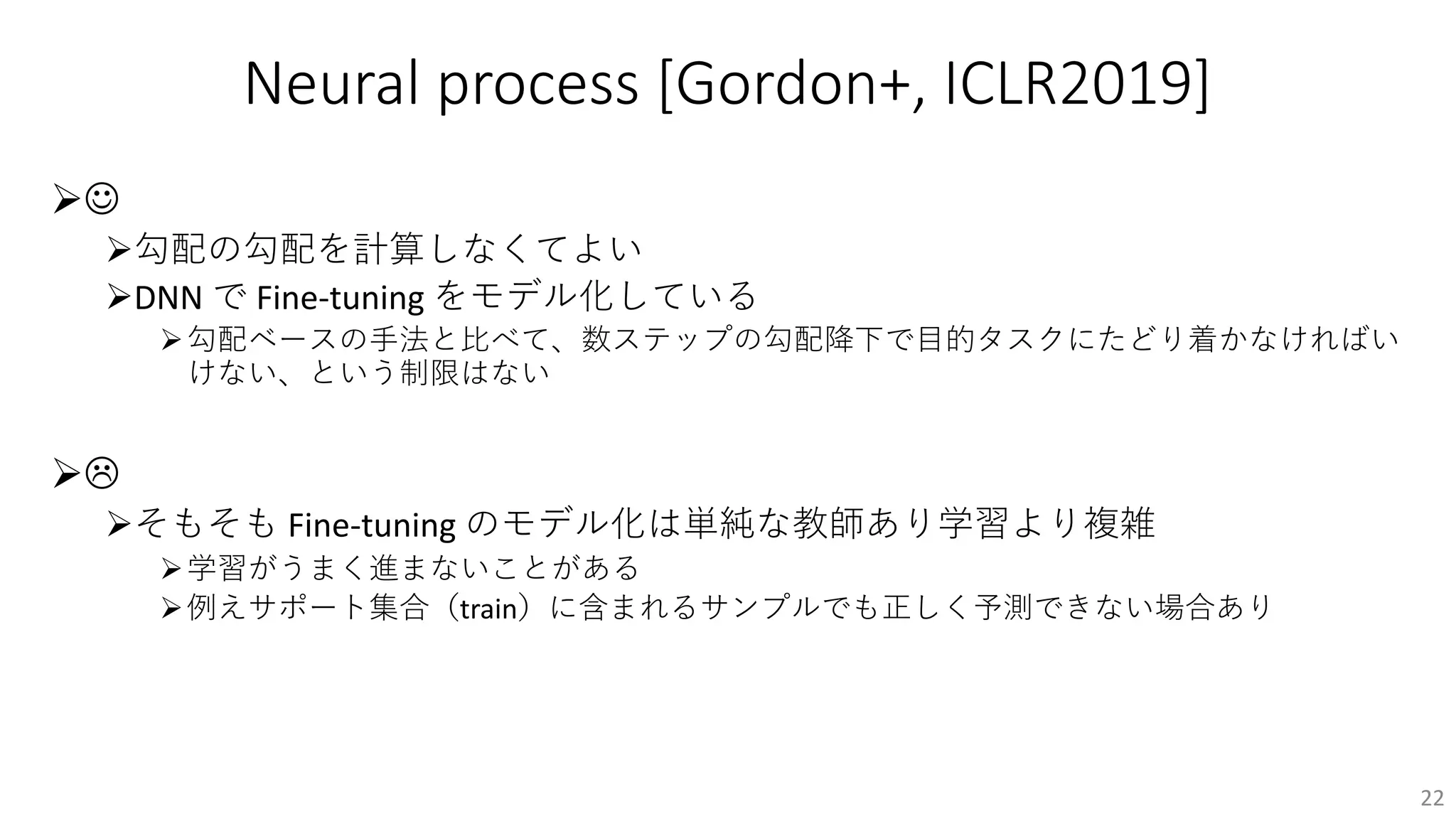 Neural process [Gordon+, ICLR2019]
ØJ
Ø勾配の勾配を計算しなくてよい
ØDNN で Fine-tuning をモデル化している
Ø勾配ベースの⼿法と⽐べて、数ステップの勾配降下で⽬的タスクにたどり着かなければい
けない、という制限はない
ØL
Øそもそも Fine-tuning のモデル化は単純な教師あり学習より複雑
Ø学習がうまく進まないことがある
Ø例えサポート集合（train）に含まれるサンプルでも正しく予測できない場合あり
22
 