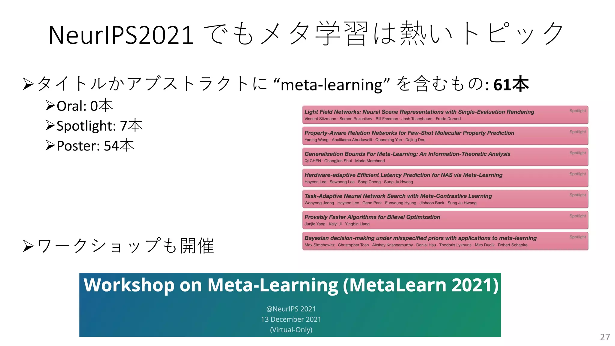 NeurIPS2021 でもメタ学習は熱いトピック
Øタイトルかアブストラクトに “meta-learning” を含むもの: 61本
ØOral: 0本
ØSpotlight: 7本
ØPoster: 54本
Øワークショップも開催
27
 