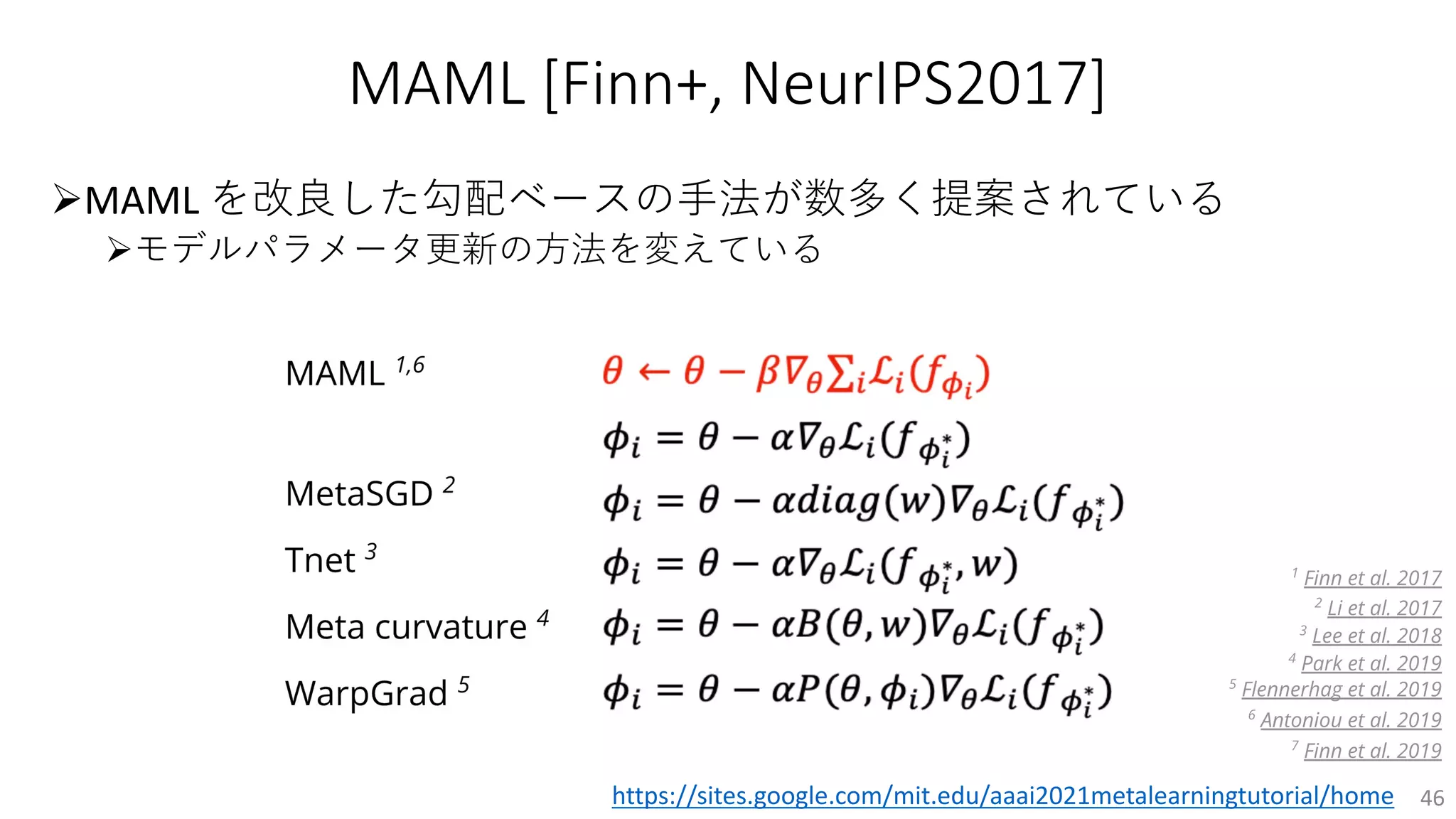MAML [Finn+, NeurIPS2017]
ØMAML を改良した勾配ベースの⼿法が数多く提案されている
Øモデルパラメータ更新の⽅法を変えている
46
https://sites.google.com/mit.edu/aaai2021metalearningtutorial/home
 
