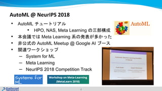 AutoML @ NeurIPS 2018
• AutoML
• HPO, NAS, Meta Learning
• Meta Learning
• AutoML Meetup @ Google AI
•
– System for ML
– Meta Learning
– NeurIPS 2018 Competition Track
4
 