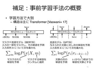 補⾜︓事前学習⼿法の概要
16
何らかのニューラルネット
I have a
I have a dream
<BOS>
何らかのニューラルネット
MASK MASK a
I have
<BOS>
マスクド⾔語モデル（BERT系）
⼊⼒の⼀部をマスクし，その単語を予測
⼊⼒系列 X について次を最⼤化
マスクする単語を
ランダムに選択
マスクされた
単語を予測
⾔語モデル（GPT系）
与えられた⽂脈に対し次の単語を予測
⼊⼒系列 X について次を最⼤化
k-1から1つ前までの
単語を⽂脈とする
⽂脈の次の
単語を予測
• 学習⽅法で⼤別
– 構造は主に Transformer [Vaswani+ 17]
 