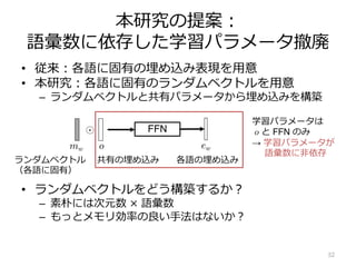 本研究の提案︓
語彙数に依存した学習パラメータ撤廃
• 従来︓各語に固有の埋め込み表現を⽤意
• 本研究︓各語に固有のランダムベクトルを⽤意
– ランダムベクトルと共有パラメータから埋め込みを構築
• ランダムベクトルをどう構築するか︖
– 素朴には次元数 × 語彙数
– もっとメモリ効率の良い⼿法はないか︖
52
o
mw
FFN
ew
学習パラメータは
o と FFN のみ
→ 学習パラメータが
語彙数に⾮依存
ランダムベクトル
（各語に固有）
共有の埋め込み 各語の埋め込み
 