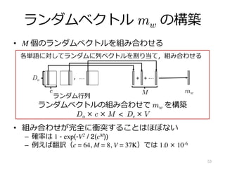 ランダムベクトル mw の構築
• M 個のランダムベクトルを組み合わせる
• 組み合わせが完全に衝突することはほぼない
– 確率は 1 - exp(-V2 / 2(cM))
– 例えば翻訳（c = 64, M = 8, V = 37K）では 1.0 × 10-6
53
ランダム⾏列
，… + …
+
各単語に対してランダムに列ベクトルを割り当て，組み合わせる
mw
Do
c M
ランダムベクトルの組み合わせで mw を構築
Do × c × M < De × V
 