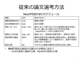 従来の論⽂選考⽅法
• 機械学習系は査読が公開される傾向にある︖
– ICLRは査読と議論が公開，NeurIPSも査読は公開
7
事象 ⽇付 何をするか︖
概要投稿締め切り 5/16 概要の投稿
論⽂投稿締め切り 5/23 論⽂の投稿
査読（3 ~ 4⼈） 6/18 ~ 7/15 論⽂に応じて割り当てられた査読者が論⽂を読み，
良い点／悪い点と採択に対する可否を評価
（NeurIPSは1 ~ 10点で点数を付与）
著者からの反論 7/25 ~ 8/1 査読に対し，査読者の誤解を解く・疑問点に回答
査読者間の議論 8⽉中 著者の反論や他の査読者の査読を読み，査読者間で
互いの問題意識について議論を⾏い，査読や点数を
必要に応じて改める
採否公開 9/4 プログラム委員が最終的な採否を決定し開⽰
NeurIPS2019のスケジュール
 