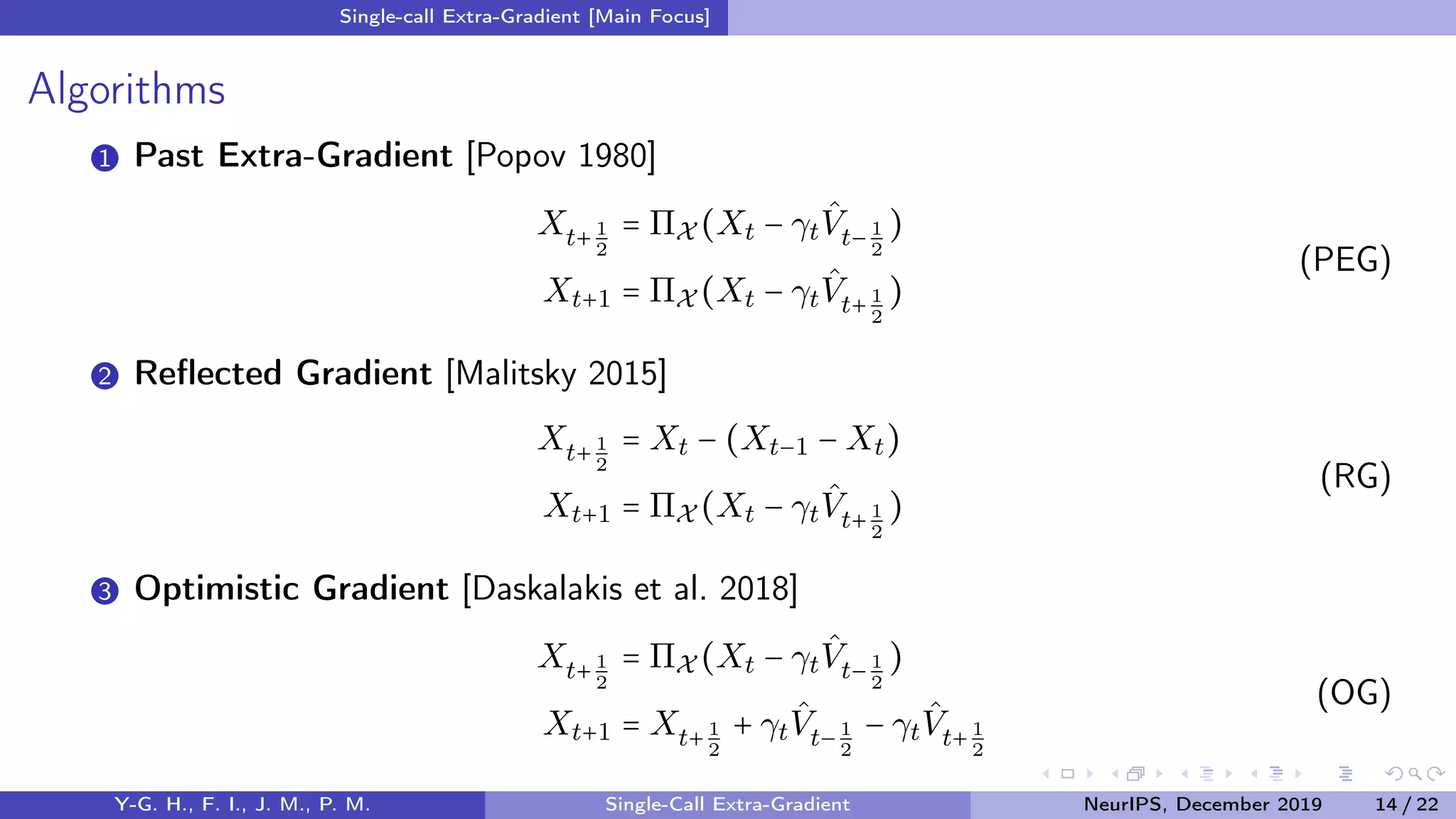 Single-call Extra-Gradient [Main Focus]
Algorithms
1 Past Extra-Gradient [Popov 1980]
Xt+ 1
2
= ΠX (Xt − γt
ˆVt− 1
2
)
Xt+1 = ΠX (Xt − γt
ˆVt+ 1
2
)
(PEG)
2 Reﬂected Gradient [Malitsky 2015]
Xt+ 1
2
= Xt − (Xt−1 − Xt)
Xt+1 = ΠX (Xt − γt
ˆVt+ 1
2
)
(RG)
3 Optimistic Gradient [Daskalakis et al. 2018]
Xt+ 1
2
= ΠX (Xt − γt
ˆVt− 1
2
)
Xt+1 = Xt+1
2
+ γt
ˆVt−1
2
− γt
ˆVt+ 1
2
(OG)
Y-G. H., F. I., J. M., P. M. Single-Call Extra-Gradient NeurIPS, December 2019 14 / 22
 