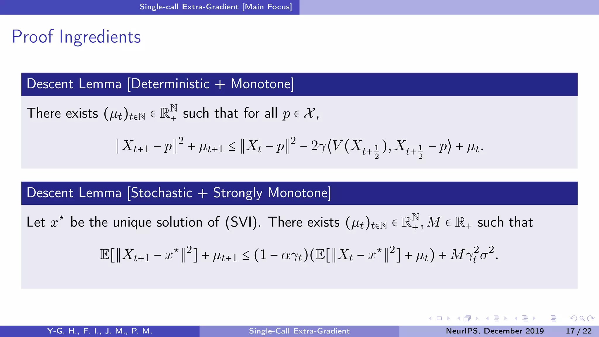 Single-call Extra-Gradient [Main Focus]
Proof Ingredients
Descent Lemma [Deterministic + Monotone]
There exists (µt)t∈N ∈ RN
+ such that for all p ∈ X,
Xt+1 − p 2
+ µt+1 ≤ Xt − p 2
− 2γ⟨V (Xt+1
2
),Xt+ 1
2
− p⟩ + µt.
Descent Lemma [Stochastic + Strongly Monotone]
Let x⋆
be the unique solution of (SVI). There exists (µt)t∈N ∈ RN
+ ,M ∈ R+ such that
E[ Xt+1 − x⋆ 2
] + µt+1 ≤ (1 − αγt)(E[ Xt − x⋆ 2
] + µt) + Mγ2
t σ2
.
Y-G. H., F. I., J. M., P. M. Single-Call Extra-Gradient NeurIPS, December 2019 17 / 22
 