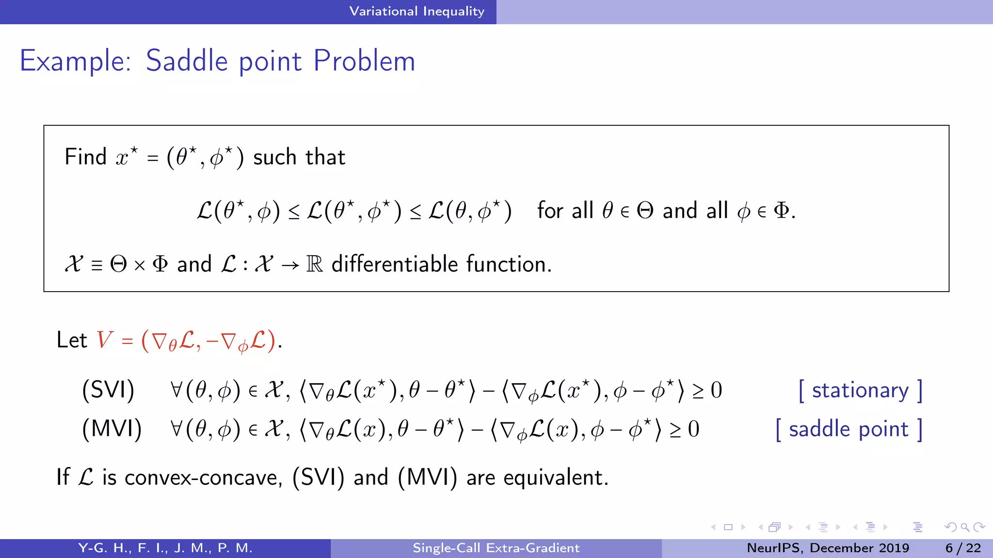 Variational Inequality
Example: Saddle point Problem
Find x⋆
= (θ⋆
,φ⋆
) such that
L(θ⋆
,φ) ≤ L(θ⋆
,φ⋆
) ≤ L(θ,φ⋆
) for all θ ∈ Θ and all φ ∈ Φ.
X ≡ Θ × Φ and L X → R diﬀerentiable function.
Let V = (∇θL,−∇φL).
(SVI) ∀(θ,φ) ∈ X, ⟨∇θL(x⋆
),θ − θ⋆
⟩ − ⟨∇φL(x⋆
),φ − φ⋆
⟩ ≥ 0 [ stationary ]
(MVI) ∀(θ,φ) ∈ X, ⟨∇θL(x),θ − θ⋆
⟩ − ⟨∇φL(x),φ − φ⋆
⟩ ≥ 0 [ saddle point ]
If L is convex-concave, (SVI) and (MVI) are equivalent.
Y-G. H., F. I., J. M., P. M. Single-Call Extra-Gradient NeurIPS, December 2019 6 / 22
 