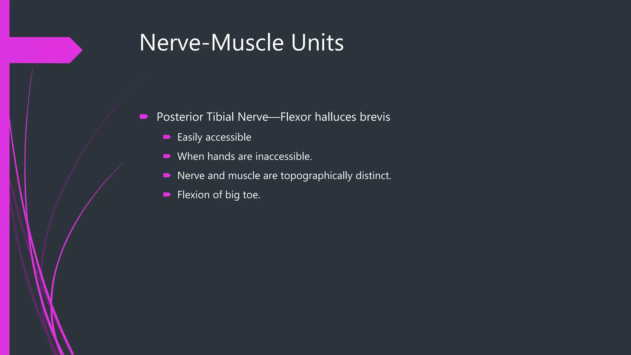 Nerve-Muscle Units
 Posterior Tibial Nerve—Flexor halluces brevis
 Easily accessible
 When hands are inaccessible.
 Nerve and muscle are topographically distinct.
 Flexion of big toe.
 