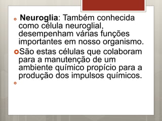  Neuroglia: Também conhecida
como célula neuroglial,
desempenham várias funções
importantes em nosso organismo.
São estas células que colaboram
para a manutenção de um
ambiente químico propício para a
produção dos impulsos químicos.

 